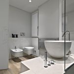 modern bathroom interior with wooden floor