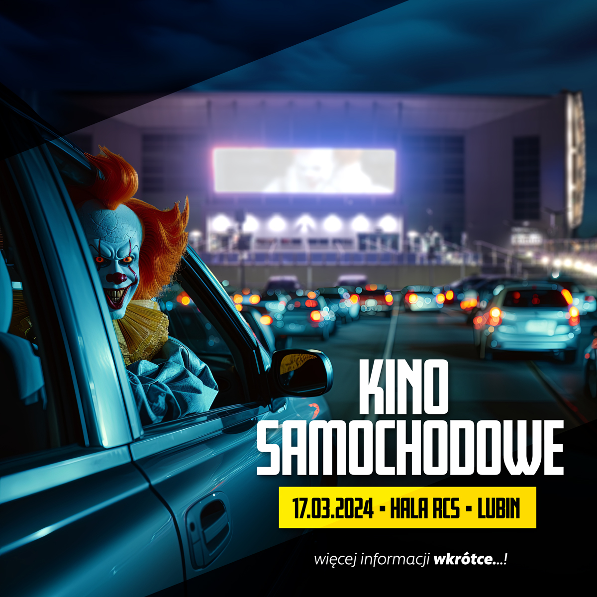 Klaun zaprasza na kino samochodowe w Lubinie