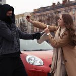 Woman using pepper spray while thief trying to steal her bag on city street. Self defense concept
