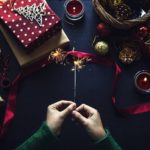 Overhead shot of Christmas presents and wrapping papers