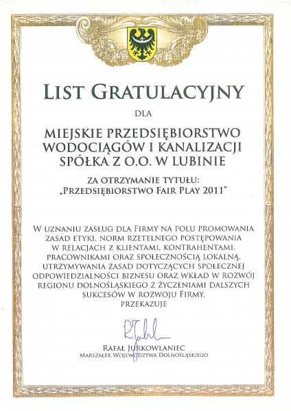 List gratulacyjny dla lubińskiej spółki
